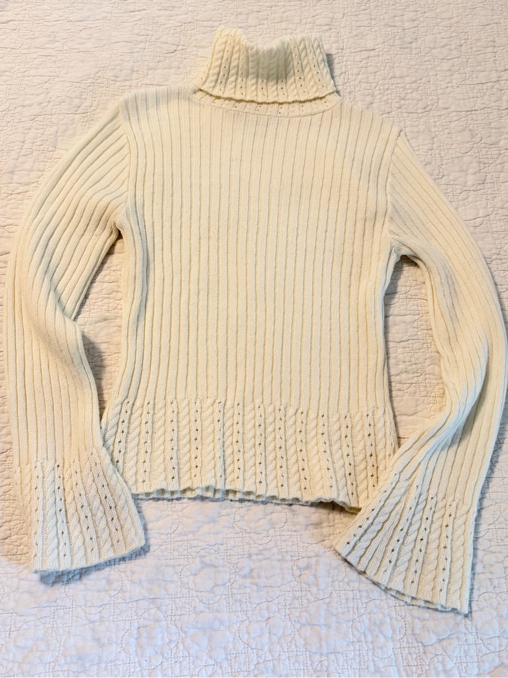 VTG Great American Sweater Co Women Large Cream Turtleneck Ribbed Eyelet GASCO